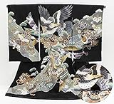 金駒刺繍鷹 熨斗 兜 宝尽し 黒地 お宮参り 着物 男の子　(初着 産着 のしめ)【絹100% 友禅 】