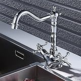 キッチン蛇口　キッチン水栓　キッチン用混合栓 ダブルハンドル クラシック 真鍮 台付 蛇口 水道 取り付けホース付き オシャレ 2年品質保証