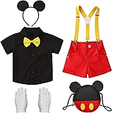 [Ａｍｙｃｕｔｅ] ミッキー コスチューム 子供 コスプレ ベビー服 なりきり キッズ 仮装 ハロウィン クリスマス 可愛い 遊園 誕生日 プレゼント シャツ+ビブパンツ+髪飾り+鞄+手袋 豪華5点セット 半袖
