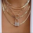 Chargances Gold Snake Bone Chain Necklace for Women and Girls Iced Out Lock Toggle Chain Choker Necklace Ladies Boho Jewelry 
