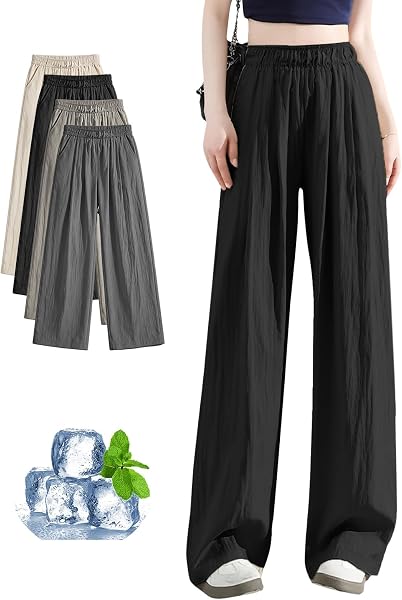 MayCherry Women's Wide Pants, Gaucho Pants, 5°C Down Cooling Sensation x Visually Appeals Approximately 2.0 inches (5 cm) Higher. Tuck Pants, Straight Leg Lengthening Effect, Trousers, Summer Long - 1