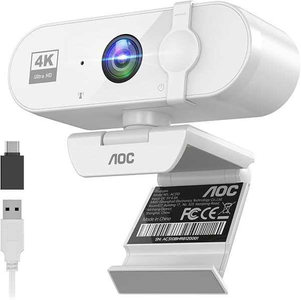 AOC Webカメラ ウェブカメラ 4K マイク付き 【 99°広角 USB即挿即用 】usbカメラ webcam プライバシーカバー ノイズキャンセル 自動光線補正 会議用webカメラ Streaming & Zoom 対応 パソコン カメラ Web camera ホワイト - 1