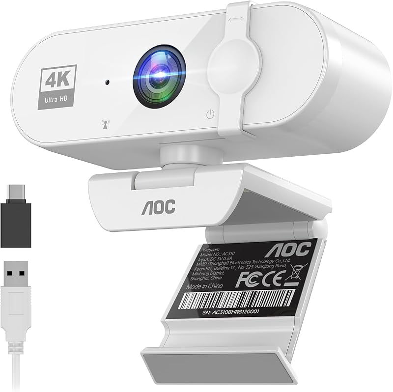 AOC Webカメラ ウェブカメラ 4K マイク付き 【 99°広角 USB即挿即用 】usbカメラ webcam プライバシーカバー ノイズキャンセル 自動光線補正 会議用webカメラ Streaming & Zoom 対応 パソコン カメラ Web camera ホワイト