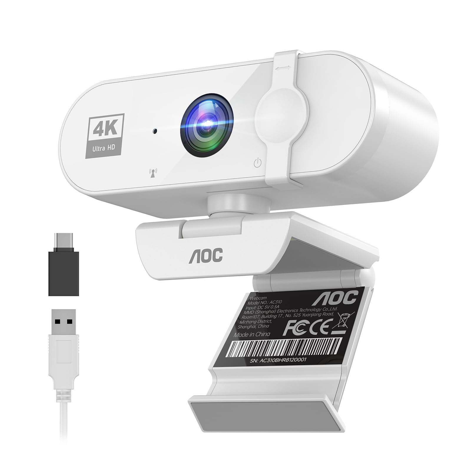 AOC Webカメラ ウェブカメラ 4K マイク付き 【 99°広角 USB即挿即用 】usbカメラ webcam プライバシーカバー ノイズキャンセル 自動光線補正 会議用webカメラ Streaming & Zoom 対応 パソコン カメラ Web camera ホワイト - 1