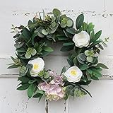 RaiFu 造花　ファッション　ラウンド　リース　リアル　人工　ガーランド　花　ドア　壁掛け　壁の装飾　（材質：ラタン、クレープ布）ホワイト