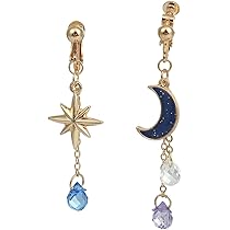 14金 ヴェルメイユ 天然ダイヤ 揺れる ピアス 星 スター ぶら下がりチェーン Amazon.co.jp: 月 モーン 星 スター イヤリング 穴なし 揺れる