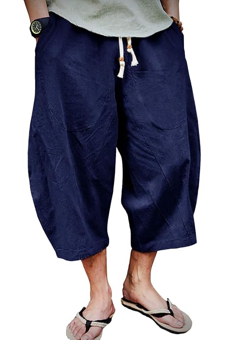 Rexcyril Men's Baggy Linen Capri Pants 