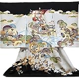 【紋入れ付き】【お宮参り着物】【黒地系 宝船の柄】男の子 正絹 友禅 刺繍【風呂敷プレゼント/ギフト対応】