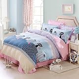 Cliab Cat Bedding Full Black and Pink Blue Polka Dots and Stars Girls Kids Duvet Cover Set Size 100%