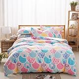 Cliab Owl Bedding Pink and Blue For Girls with Floral Polka Dots Full Duvet Cover Set 100% Cotton 4