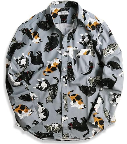 Amazon.co.jp: シャツ メンズ 長袖 猫柄 ネコ Tシャツ