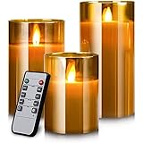 AnnTec LEDキャンドルライト ledグラス ゴールド ロウソク 本物の炎のようにゆらめく3点セット 暖色光 火を使わない ゆらゆら揺れる 安全 省エネ 専用リモコン付き 明るさ調整 電池式 LEDライトキャンドル