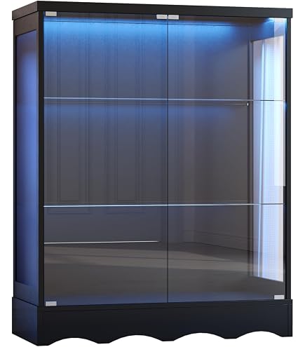 【ブラック】 LED照明・引出し付 ガラス収納キャビネット4段 両開ドア Amazon.co.jp: LED照明・引き出し付き ガラス収納キャビネット｜ロック