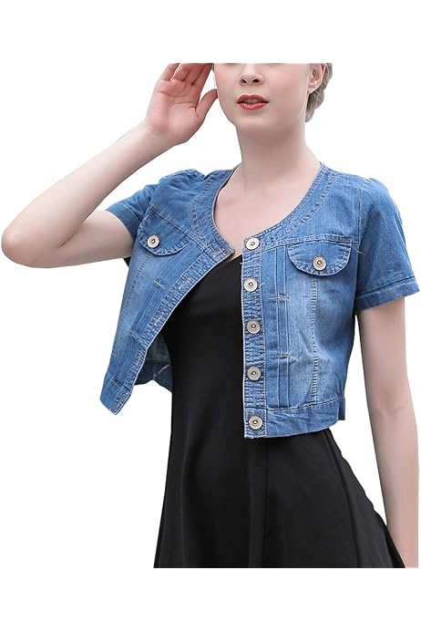 Women's Short Denim Jacket Round Neck 