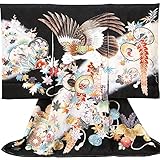 【紋入れ付き】正絹 お宮参り 着物 男の子 初着 産着 友禅刺繍【風呂敷プレゼント包装付き/熨斗対応】黒地系　鷹に雪輪の柄