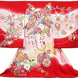 【お宮参り着物】【赤地系 鼓に花柄】女の子 正絹 友禅【風呂敷プレゼント/ギフト対応】