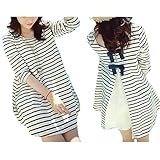 Spinas(スピナス) マタニティ 春 夏 ワンピース チュニック 後ろリボン ボーダー柄 スウィート バックレイヤード風 七分袖 (ホワイト×ネイビー) (XL)