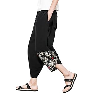 [YFFUSHI] メンズ サルエルパンツ M-5XL 七分丈 綿 黒 全6柄 和風 調整紐 ワイドパンツ