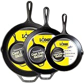 Lodge Pre-Seasoned Cast Iron Skillet Set - Set Includes 8 Inch Skillet, 10.25 Inch Skillet, and 12 inch Skillet - 3 Piece | N
