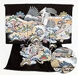 鷹 宝尽し 手描き友禅 黒地 お宮参り 着物 男の子　(初着 産着 のしめ)【絹100% 友禅 】