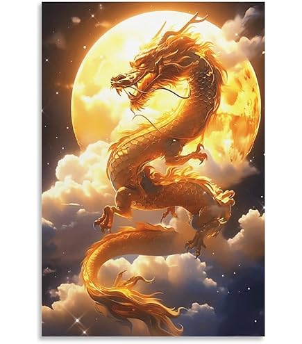 Amazon.co.jp: 絵画 雲の中の龍インテリア 絵画 超リアルな油絵 黄金