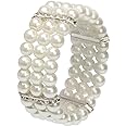 Coolrunner Ladies 3 Rows Faux Pearls Accent Off White Stretch Wrist Bracelet Jewelry, generic, Metal