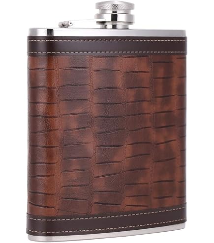 Men's Leather Flask Gift Set - 8 Oz Stainless Steel Flask With 2 Cups & Funnel, 100% Leak Proof, Brown Leather