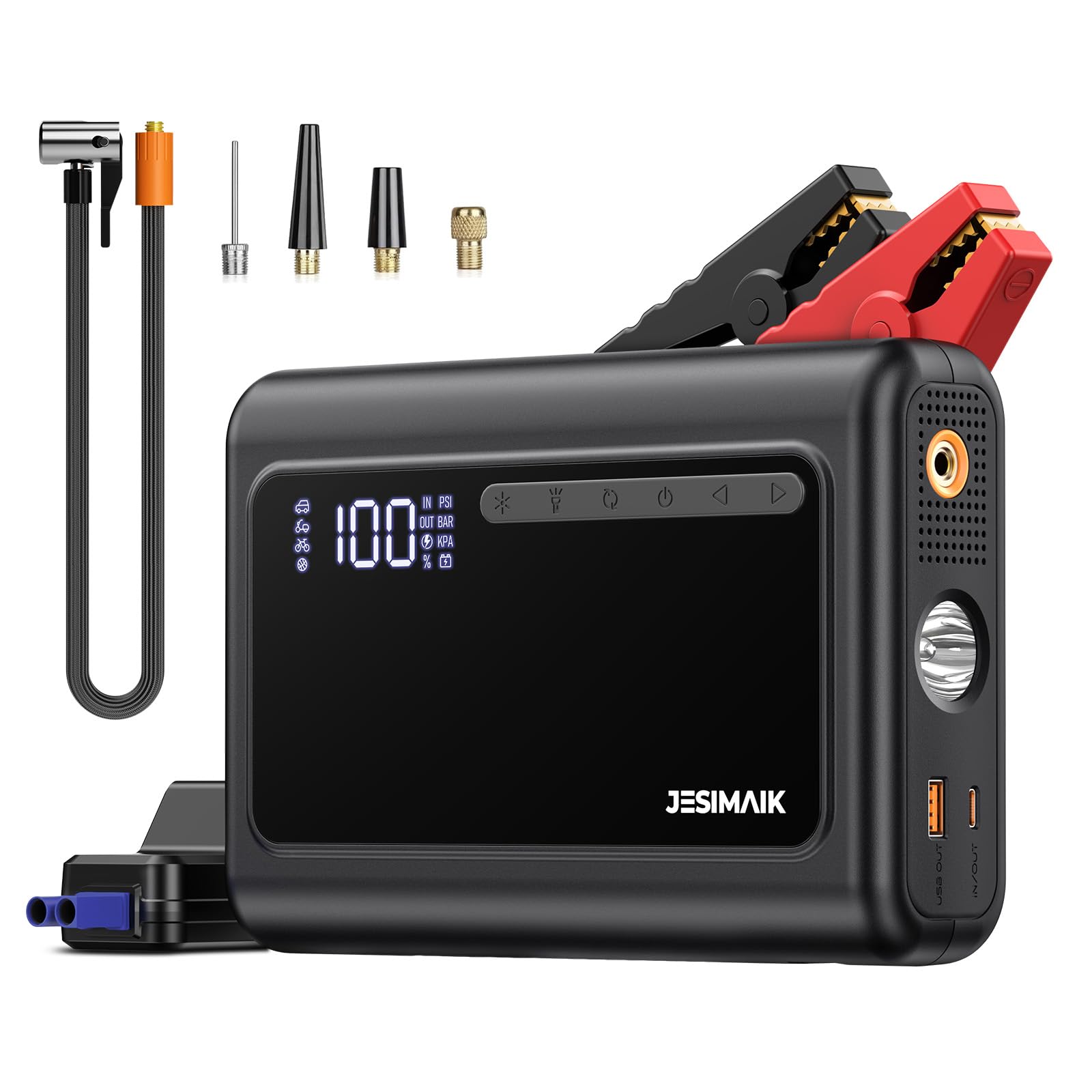JESIMAIK ジャンプスターター GK01 空気入れ搭載 【ナトリウム電池】安全 不燃 17500mAh PL保険完備 修理対応可 12V車用 | 10年以上長寿命 リチウムバッテリー無し メンテナンス不要 PD60W急速充電 1h満充電 180