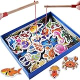 子供のための磁気木製釣りポールゲーム、魚のゲームのギフトのおもちゃ、幼児の男の子のための32の海洋動物とダブルポールガールズ年齢3 +