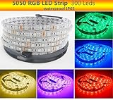 Visdoll SMD 5050 RGB Led Strip Lights DC 12V 16.4Ft 300Leds IP65 Waterproof Flexible Tape lights Col