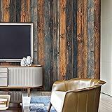 HaokHome 701ヴィンテージ木製壁紙ロールブラウン/ブラック/ブルーWooden Plank壁画ホームキッチンバスルーム装飾20.8 CM x 393.7 "