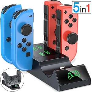 Switch コントローラー ジョイコン対応5in1充電スタンド 充電スイッチ付きプロコン Joy-Con用充電ドック 充電状態を示す指示ランプ搭載 プロ コントローラー ジョイコンスティック適用 収納 充電器 両用置くスタンド