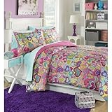 Girls Teens Hearts Fun Aqua Purple Pink Twin Comforter and Pillow Case (2 piece) Bedding Set and Exc