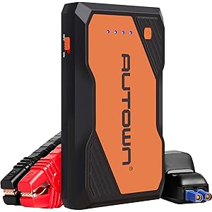 AUTOWN ジャンプスターター 12V車用エンジンスターター 10000mAh大容量 (7.2L以下のガソリン車、5.0L以下のディーゼル車対応) 800Ampピーク電流 電圧測定クランプ付き モバイルバッテリー機能 スマートジャンパーケーブル Type-Cポート搭載 収納ケース付き LEDライト (オレンジ)