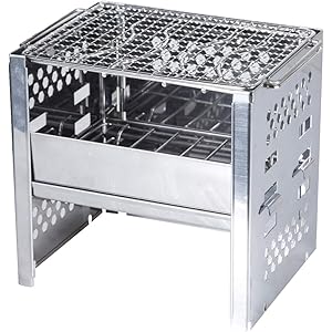 バーベキューコンロ 焚火台 コンパクト 折りたたみコンロ 改良タイプ 炭ストッパー付き 1台多役 3段調節 B6より大き…