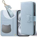 ZENIX DESIGN TECH iPhone15 用 手帳型 ベルト付き くすみカラー カード収納 3枚 フィンガーストラップ付き フリップケース 猫デザイン ネコ窓付き レザー風 ねこみみ スマホケース ZX-Necoflip (ブルー, iPhone 15)