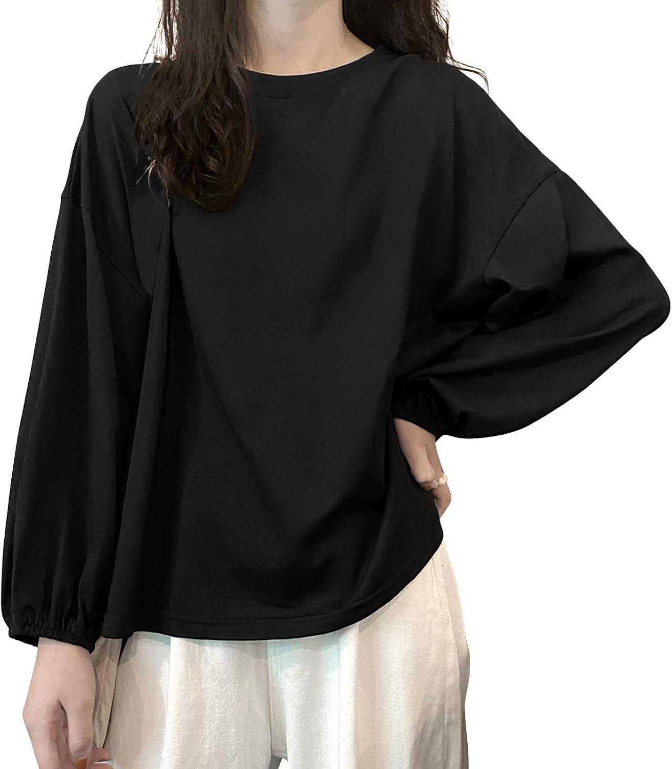 [Adcey] 【新色登場！】長袖tシャツ レディース トップス | 【秋の主役·絶妙な丈感·リラックス感】Tシャツ カットソー ティーシャツ 丸首 ランタンスリーブ カジュアル ボリュームスリーブ ゆったり 無地 着回し 着痩せ 重ね着 通勤