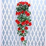 meiliy人工Hangingローズシルクフラワーグリーンリーフつるガーランドホーム壁パーティー装飾ウェディングガーデンデコレーション レッド