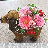 わんちゃんバスケットにフラワーアレンジメント （オリジナルデザイン） お誕生日や記念日、お祝いのプレゼント (ピンク系)