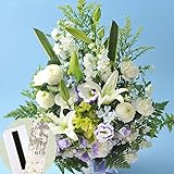 お供えセット　供花アレンジメントLサイズ＋　宇野千代「薄墨の桜」線香　 (白に青紫を入れて) …