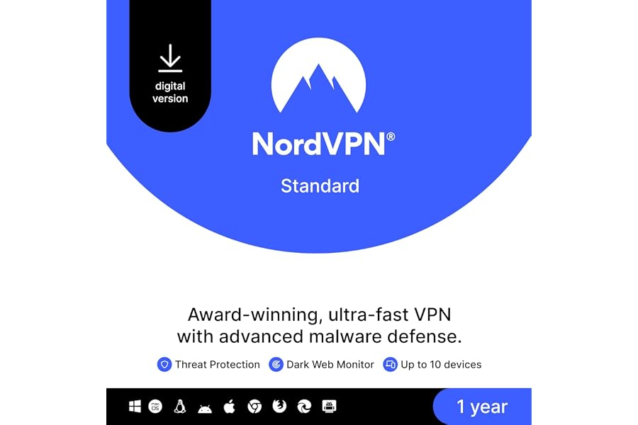 NordVPN Standard - 1 Year - 10 Devices - VPN & Cybersecurity Software [Digital Download]