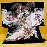 【正絹】 お宮参り着物　（初着・産着）　男児　M2-3 鷹に兜・打出の小槌 黒地　新品仕立上り　★もれなく５大特典付！