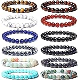 SONNYX 12 PCS 8mm Semi-Precious Gemstone Bracelet Set Healing Crystal Stone Stretch Bracelets for Men Women Round Beaded Elas