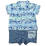 《夏対応》SHORH KID'S(ショーキッズ) 天竺×スラブデニムアロハシャツ切替カバーオール 70cm/ブルー NO.SD-70172