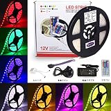 LETOUR LEDテープライトスーツ LED５Ｍイルミネーションライト高輝度RGB発光44キーリモコン操作12Vの電源アダプタ付 両面テープ フレキシブルテープライティングテープライト 家 バー レ