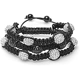 Dazzlingrock Collection 3 Row Beaded Bracelet Unisex 13 mm Black & White Disco Ball Faceted Bead Adjustable Reversible