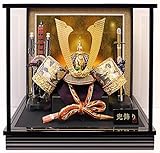 五月人形 兜ケース飾り 龍頭付中鍬型黄金兜 間口40.5×奥行28×高さ38.5cm 黒塗ガラスケース 30-502