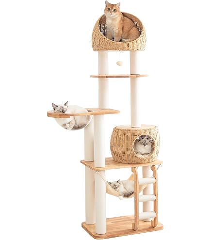 キャットタワー　ラタン(猫ランチョンマット手編み付き) Amazon | 【なになにLife】 キャットタワー 据え置き 天然木 手編み