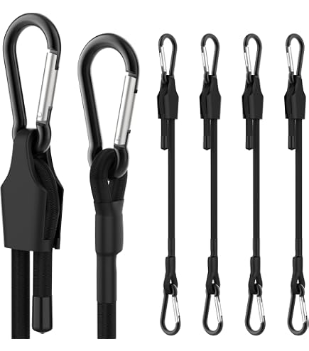 4-Way Elastic Bungee Strap Set – Adjustable Tie-Down Cords With Hooks, Flat Nylon Design, For Luggage, Bike Racks, Motorcycle Helmets & Camping (21” Length)