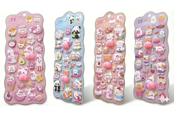 【触りたくなる】4枚セット 重複なし おしり ぷにぷにシール ぷくぷく 3D 立体 ステッカー キャラクター風 マシュマロ感 スクイーズ風 シール帳 デコレーション